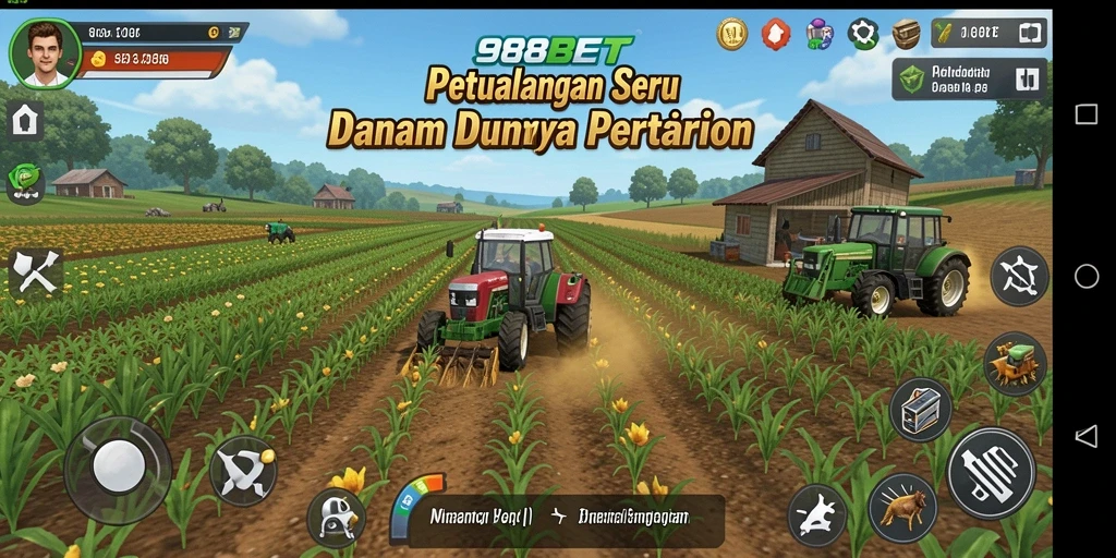 Tampilan gameplay 988BET dengan lahan pertanian yang luas dan berwarna-warni.