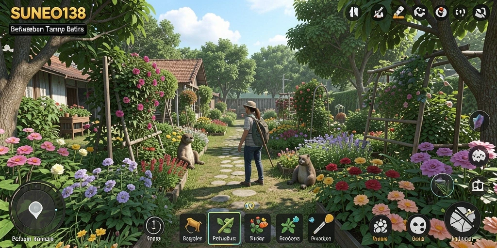 Tampilan gameplay SUNEO138 dengan ladang yang subur dan alat pertanian.