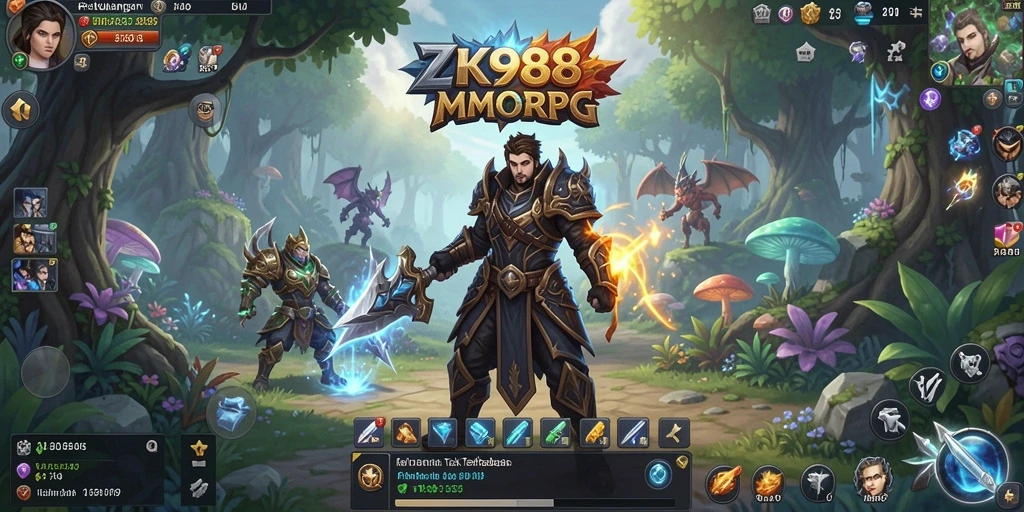 Screenshot gameplay ZK988 menampilkan pertempuran epik di arena MMORPG.